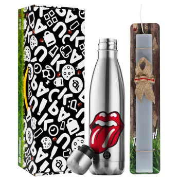Rolling Stones Kiss, Easter Set, metallic stainless thermos flask (500ml) & scented flat Easter candle (30cm) (GRAY)