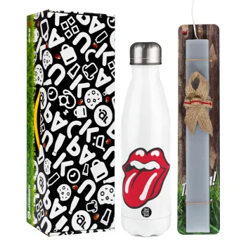 Rolling Stones Kiss, Easter candle, metallic white thermos bottle (500ml) & aromatic flat candle (30cm) (GRAY)