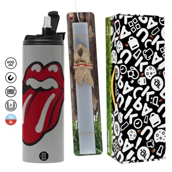 Rolling Stones Kiss, Easter candle with Grey Tumbler Thermo 600ml & aromatic flat candle (30cm) (GREY)