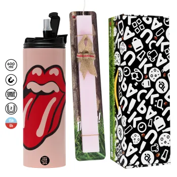 Rolling Stones Kiss, Easter candle,Travel Tumbler 2 Lids, with metal straw & cleaning brush & aromatic flat candle (30cm) (PINK)