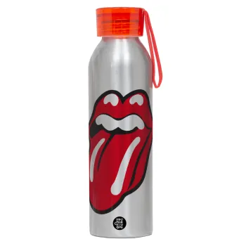 Rolling Stones Kiss, Αλουμινένιο Αθλητικό Μπουκάλι 650ml – Ασημί με Κόκκινο Καπάκι και Λουράκι Σιλικόνης