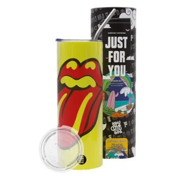 Rolling Stones Kiss, Neon Yellow Travel Tumbler θερμό, μεταλλικό καλαμάκι(Ανωξείδωτο 304 Food grade, BPA free, 600ml)