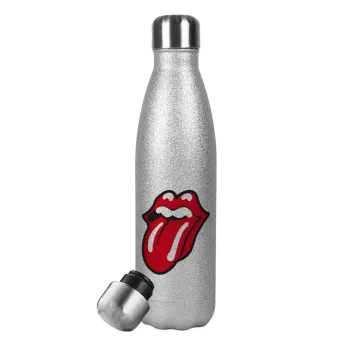 Rolling Stones Kiss, Metallic Glitter Silver Thermos Flask (Stainless steel), double-walled, 500ml