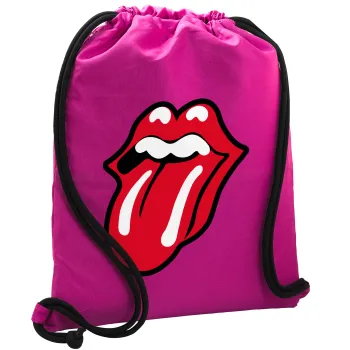 Rolling Stones Kiss, Τσάντα πλάτης πουγκί GYMBAG Φούξια, με τσέπη (40x48cm) & χονδρά κορδόνια