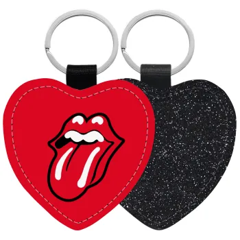 Rolling Stones Kiss, Μπρελόκ PU δερμάτινο glitter καρδιά ΜΑΥΡΟ