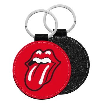 Rolling Stones Kiss, Μπρελόκ Δερματίνη, στρογγυλό ΜΑΥΡΟ (5cm)