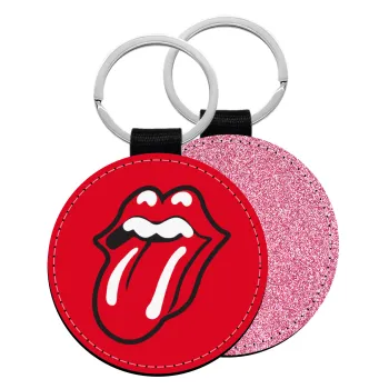 Rolling Stones Kiss, Μπρελόκ Δερματίνη, στρογγυλό ΡΟΖ (5cm)
