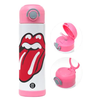 Rolling Stones Kiss, Children's hot water bottle, stainless steel, with safety straw, PINK (500ml)