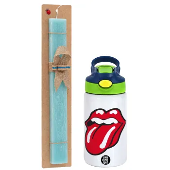 Rolling Stones Kiss, Easter Set, Children's thermal stainless steel bottle with safety straw, green/blue (350ml) & aromatic flat Easter candle (30cm) (TURQUOISE)