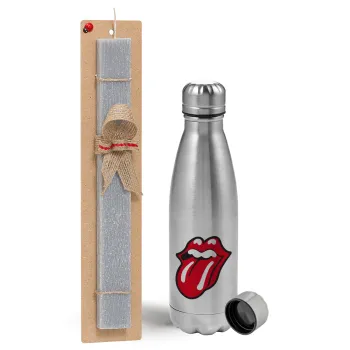 Rolling Stones Kiss, Easter Set, metallic Inox water bottle (750ml) & aromatic flat Easter candle (30cm) (GRAY)