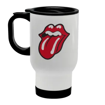 Rolling Stones Kiss, Κούπα ταξιδιού ανοξείδωτη με καπάκι, διπλού τοιχώματος (θερμό) λευκή 450ml