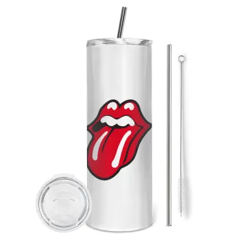 Rolling Stones Kiss, Tumbler ποτήρι θερμό από ανοξείδωτο ατσάλι 600ml, με μεταλλικό καλαμάκι & βούρτσα καθαρισμού