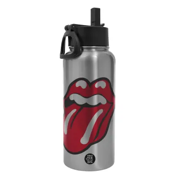Rolling Stones Kiss, Μεταλλικό παγούρι θερμός Silver με καλαμάκι και χερούλι (Stainless steel), διπλού τοιχώματος, 950ml