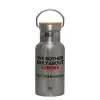 Stainless steel metallic thermos flask, silver with a bamboo lid, double-walled, 350ml.