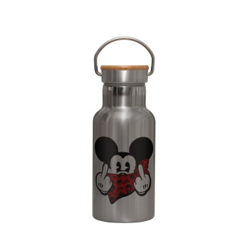 Mickey the fingers, Stainless steel metallic thermos flask, silver with a bamboo lid, double-walled, 350ml.