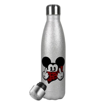 Mickey the fingers, Μεταλλικό παγούρι θερμός Glitter Aσημένιο (Stainless steel), διπλού τοιχώματος, 500ml