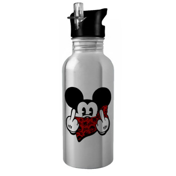 Mickey the fingers, Water bottle Silver with straw, stainless steel 600ml