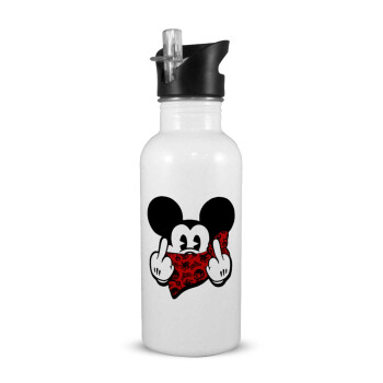 Mickey the fingers, White water bottle with straw, stainless steel 600ml
