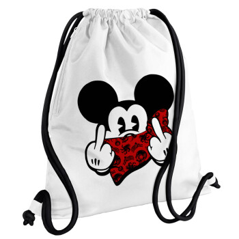 Mickey the fingers, Τσάντα πλάτης πουγκί GYMBAG λευκή, με τσέπη (40x48cm) & χονδρά κορδόνια