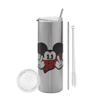 Mickey the fingers, Eco friendly stainless steel Silver tumbler 600ml, with metal straw & cleaning brush