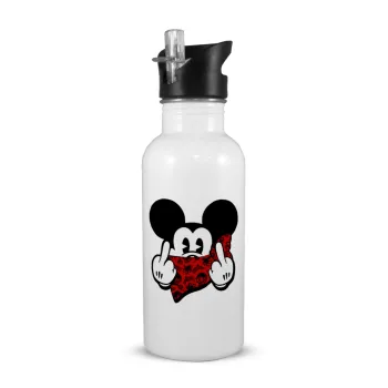 Mickey the fingers, Παγούρι νερού Λευκό με καλαμάκι, ανοξείδωτο ατσάλι 600ml