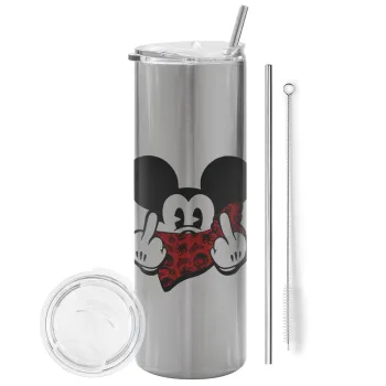 Mickey the fingers, Tumbler ποτήρι θερμό Ασημένιο από ανοξείδωτο ατσάλι 600ml, με μεταλλικό καλαμάκι & βούρτσα καθαρισμού