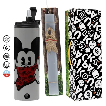 Mickey the fingers, Πασχαλινή Λαμπάδα με Travel Tumbler θερμό (600ml, BPA free) & κερί αρωματικό πλακέ (30cm) (ΓΚΡΙ)
