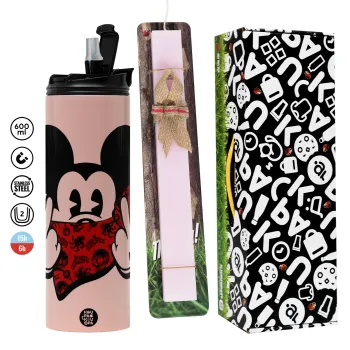 Mickey the fingers, Πασχαλινή Λαμπάδα με  ΡΟΖ Travel Tumbler θερμό (600ml, BPA free) & κερί αρωματικό πλακέ (30cm) (ΡΟΖ)
