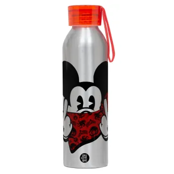 Mickey the fingers, Αλουμινένιο Αθλητικό Μπουκάλι 650ml – Ασημί με Κόκκινο Καπάκι και Λουράκι Σιλικόνης