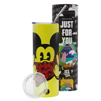 Mickey the fingers, Neon Yellow Travel Tumbler θερμό, μεταλλικό καλαμάκι(Ανωξείδωτο 304 Food grade, BPA free, 600ml)
