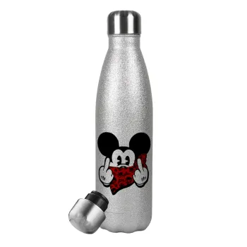 Mickey the fingers, Μεταλλικό παγούρι θερμός Glitter Aσημένιο (Stainless steel), διπλού τοιχώματος, 500ml