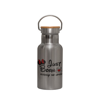 Just born already so loved, Stainless steel metallic thermos flask, silver with a bamboo lid, double-walled, 350ml.