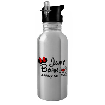 Just born already so loved, Water bottle Silver with straw, stainless steel 600ml