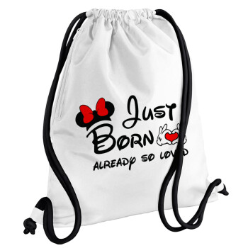 Just born already so loved, Backpack pouch GYMBAG white, with pocket (40x48cm) & thick cords