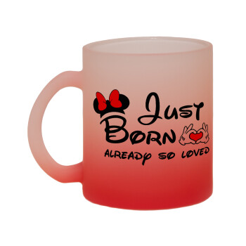 Just born already so loved, Κούπα γυάλινη δίχρωμη με βάση το κόκκινο ματ, 330ml