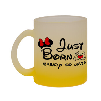 Just born already so loved, Κούπα γυάλινη δίχρωμη με βάση το κίτρινο ματ, 330ml
