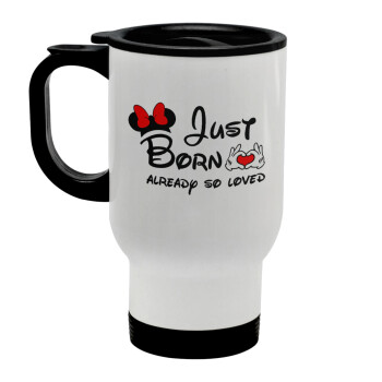 Just born already so loved, Stainless steel travel mug with lid, double wall white 450ml