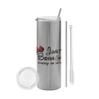 Just born already so loved, Eco friendly stainless steel Silver tumbler 600ml, with metal straw & cleaning brush