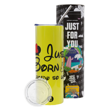 Just born already so loved, Neon Yellow Travel Tumbler θερμό, μεταλλικό καλαμάκι(Ανωξείδωτο 304 Food grade, BPA free, 600ml)