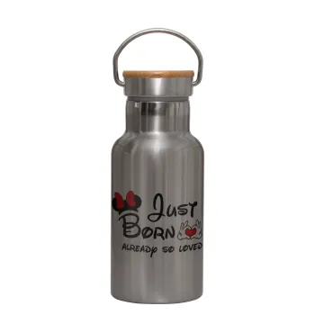 Just born already so loved, Μεταλλικό παγούρι θερμός (Stainless steel) Ασημένιο με ξύλινο καπακι (bamboo), διπλού τοιχώματος, 350ml
