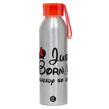Just born already so loved, Αλουμινένιο Αθλητικό Μπουκάλι 650ml – Ασημί με Κόκκινο Καπάκι και Λουράκι Σιλικόνης