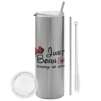 Just born already so loved, Tumbler stainless steel Silver 600ml, with metal straw & cleaning brush