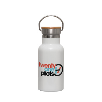 Twenty one pilots, Metallic thermos (Stainless steel) White with wooden lid (bamboo), double-walled, 350ml