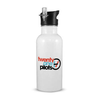 Twenty one pilots, White water bottle with straw, stainless steel 600ml