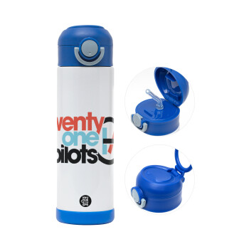 Twenty one pilots, Children's hot water bottle, stainless steel, with safety straw, BLUE (500ml)