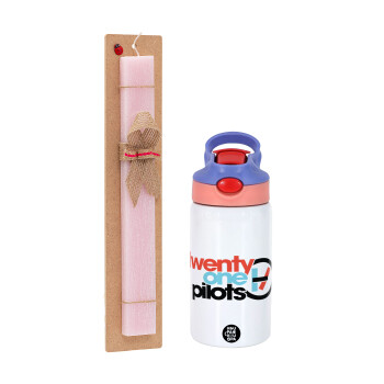 Twenty one pilots, Easter Set, Children's thermal stainless steel water bottle with safety straw, pink/purple (350ml) & Easter scented flat candle (30cm) (PINK)