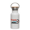 Metallic thermos (Stainless steel) White with wooden lid (bamboo), double-walled, 350ml