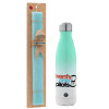 Easter Set, Metallic green/white thermos (Stainless steel), double-walled, 500ml & scented flat Easter candle (30cm) (TURQUOISE)