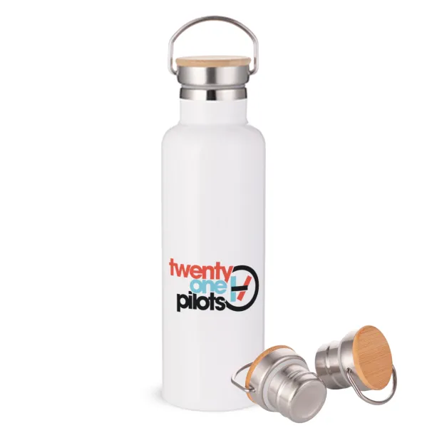 Twenty one pilots — Stainless steel White with wooden lid (bamboo), double wall, 750ml