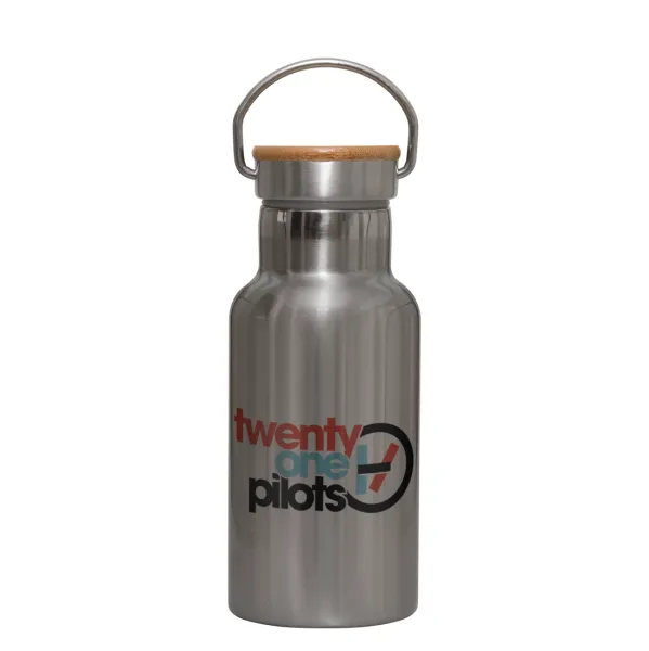 Twenty one pilots — Stainless steel metallic thermos flask, silver with a bamboo lid, double-walled, 350ml.